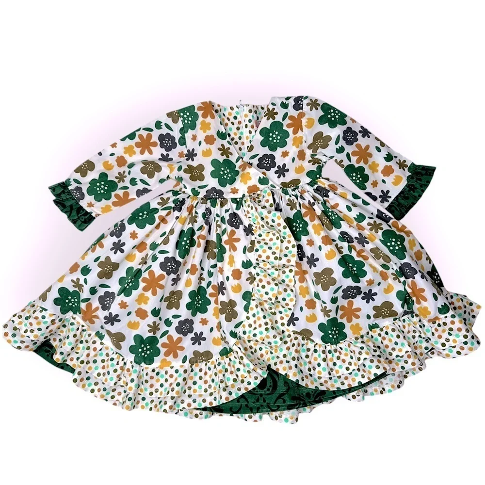 Jelly The Pug Green and Orange Floral Kids Dress (956)